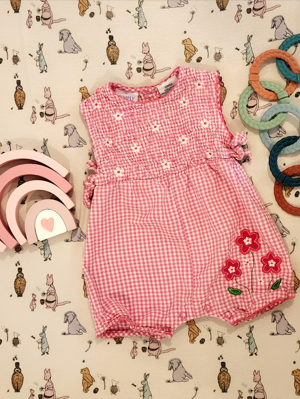 Vintage Simply Basic Smocked Floral Embroidered Gingham 12m Bubble Romper